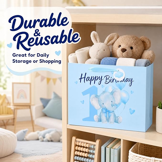 Powbrace 13" Blue Happy Birthday Gift Bag with Tissue Paper and Greeting Card for Party,Happy Birthday Gift Bag for Boys Babies,Gift Bags Medium size(1 PCS Blue Cartoon)