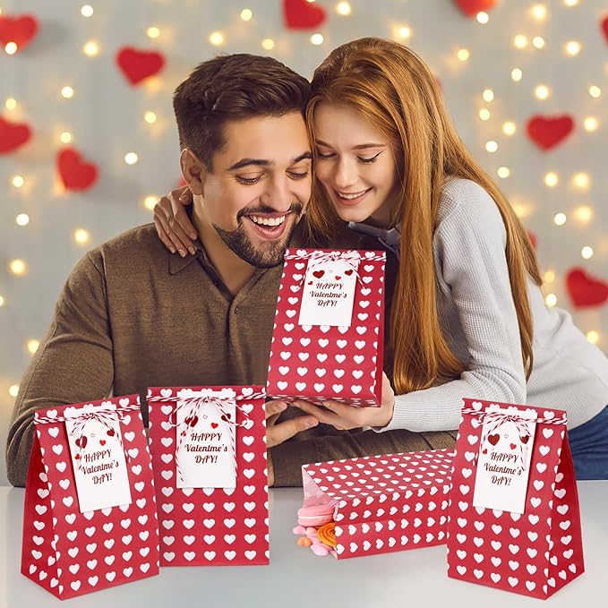 Fowecelt 24Pcs Valentines Day Gift Bags for Kids Red Party Favors Bags Goodie Snack Candy Paper Treat Bag with Cards for Valentines Party Favors Student Sclool Classroom Parties Decoration