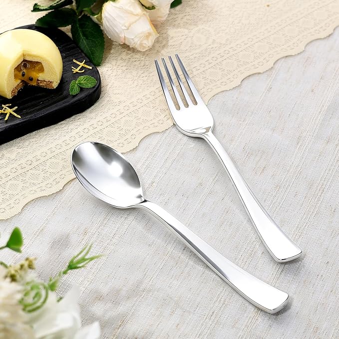 Goodluck 100 PCS Silver Plastic Silverware, Heavy Duty Plastic Cutlery Includes 50 Forks and 50 Spoons, Elegant Disposable Utensils, Durable Flatware for Parties, Weddings Catering and Dinners