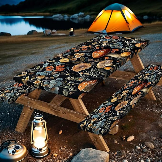 Picnic Table Cover with Bench Covers and Bag, Summer Outdoor Waterproof Windproof Tablecloth with Elastic Edges, Camping Accessories RV Gear Campers 3 Pcs Set, Black Mushroom 30X96inch