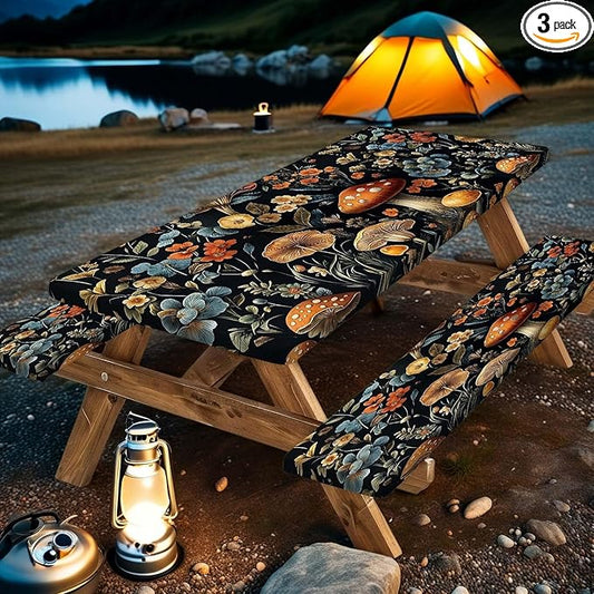 Picnic Table Cover with Bench Covers and Bag, Summer Outdoor Waterproof Windproof Tablecloth with Elastic Edges, Camping Accessories RV Gear Campers 3 Pcs Set, Black Mushroom 30X72inch