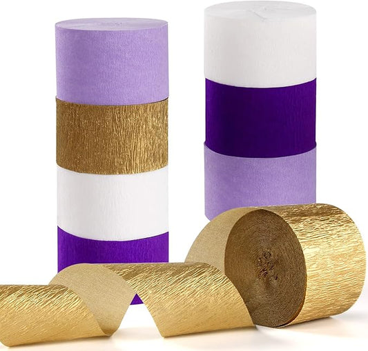 Purple-Gold Party Decorations Crepe-Paper Streamers - 8 Rolls White Purple Lavender Graduation Steamer Woman Birthday Wedding Bridal Shower Paper Garland Mothers Decor Panduola