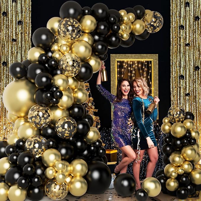 DBKL Black and Gold Balloons Garland Arch Kit with Black Gold Confetti Balloons for Happy New Year Decorations 2025 Birthday Graduation Party Supplies