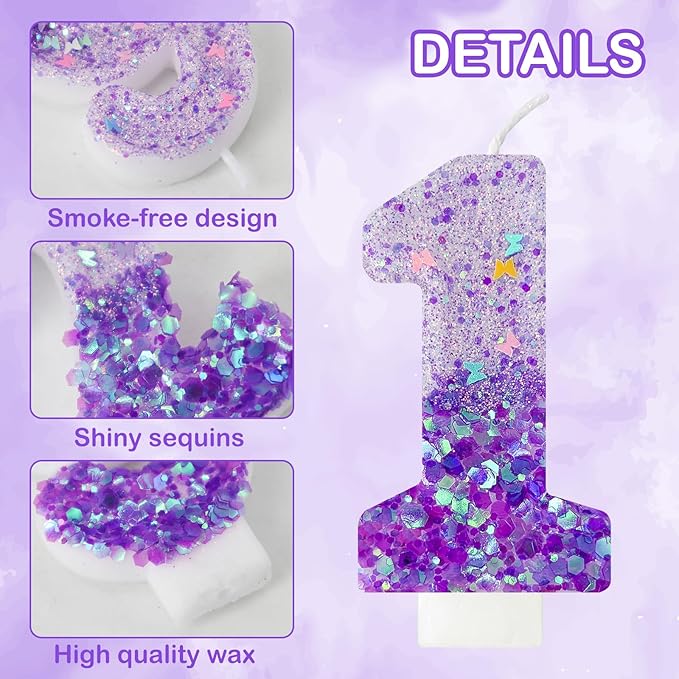 Purple Sequin Birthday Candles, Cake Number Candles, Girls 0th Birthday Decorations, Suitable for Birthday Parties, Anniversary Party Decorations(1)
