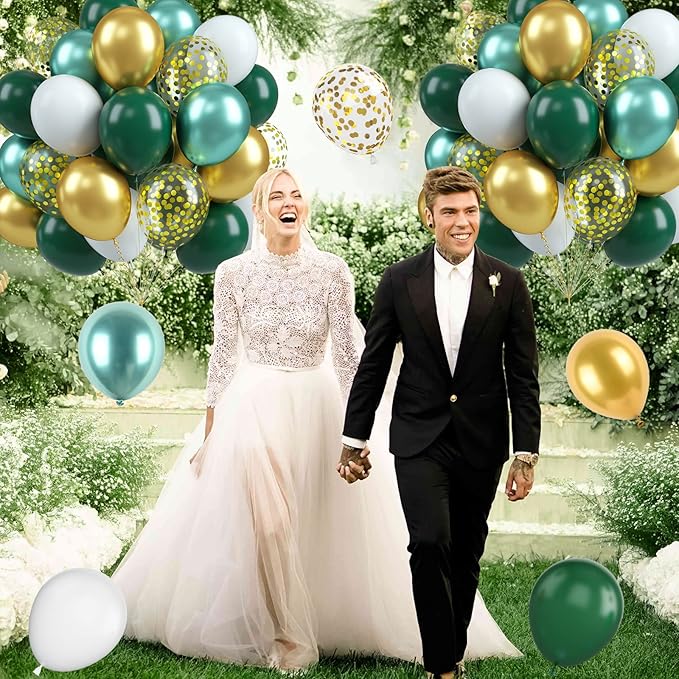 Green Gold Balloons Set, 60PCS Dark Green White Gold Balloons, 12Inch Metallic Green Gold Latex Balloons Gold Confetti Balloons Helium for Jungle Safari Birthday Wedding Baby Shower Party Decoration