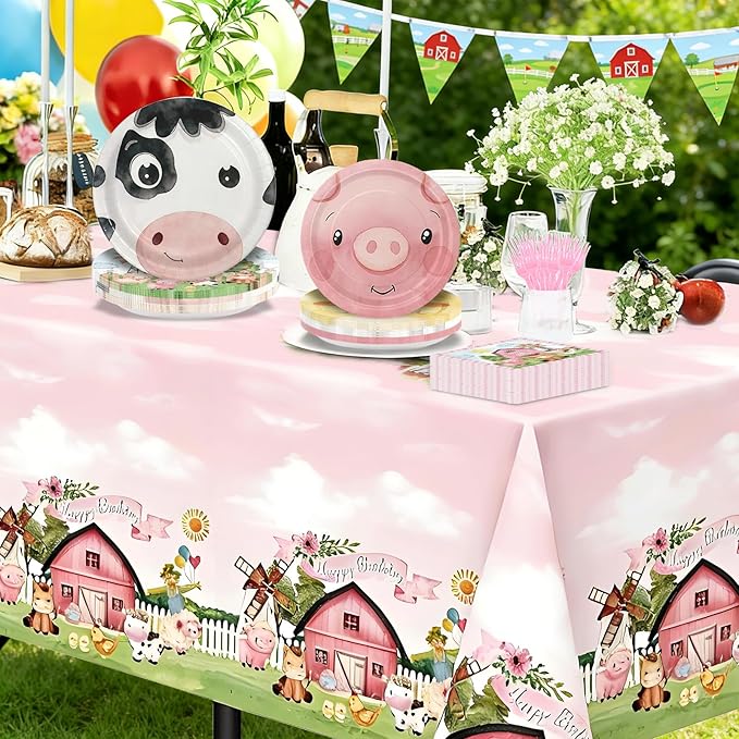 Farm Animals Party Supplies for 36 Guests, 146PCS Disposable Party Tableware Set with Paper Plates, Napkins, Forks and Tablecloths for Kids Birthday Party and Baby Shower