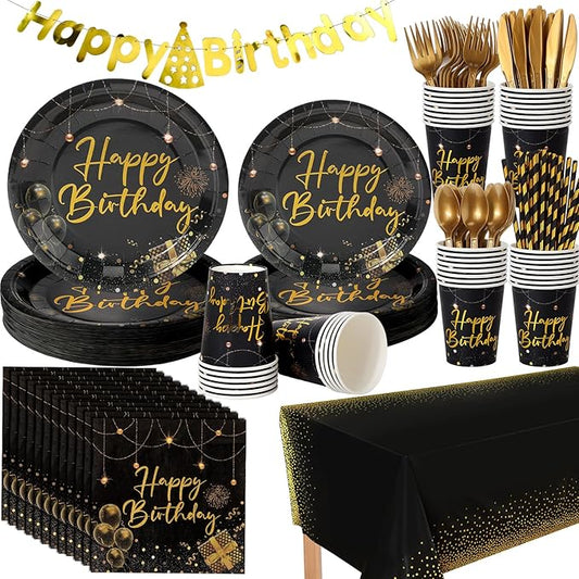 Sawysine 202 Pcs Black and Gold Happy Birthday Party Supplies Disposable Dinnerware Set 50 Plates 25 Cups 25 Napkins 25 Plastic Forks 25 Knives 25 Spoons 25 Straw Flag Tablecloth to Serve 25 Guests