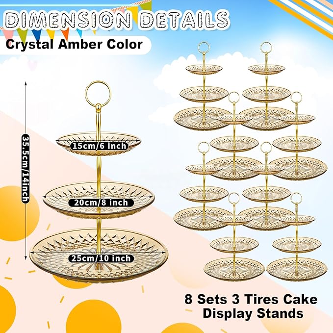 Patelai 8 Packs 3 Tier Crystal Acrylic Clear Cake Stand with Gold Round Holder Acrylic Cupcake Stand Holder for Home Wedding Holiday Birthday Baby Shower Tea Party (Clear Amber)