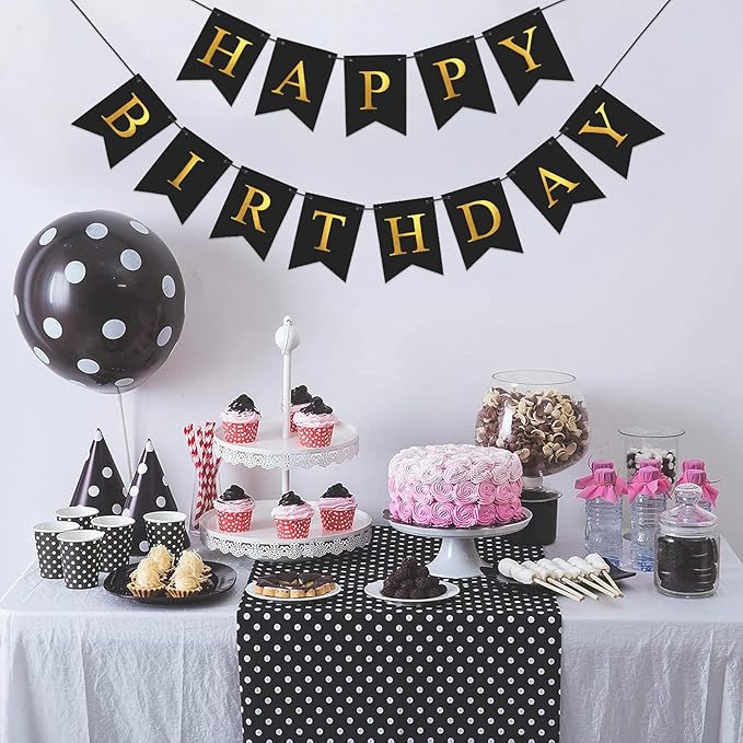 Happy Birthday Banner Birthday Party Banner NO DIY Happy Birthday Sign Pre-Strung Birthday Hanging Decoration for Women Men Girl Boy Party Supplies (Black and Gold)