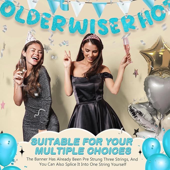 Fulmoon Set of 3 Pre Strung Older Wiser Hotter Glitter Banner Funny Birthday Banner for Women 30th 40th 50th 60th 70th 80th Birthday Party Decorations Sign Gift(Blue)