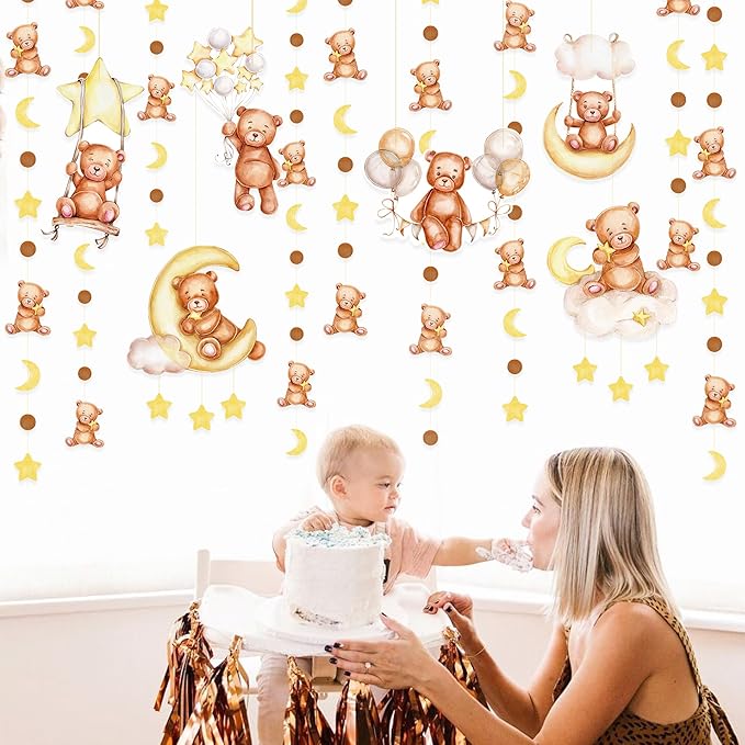 Teddy Bear Party Decorations Cream Tan Brown Boho Star Moon Bear Hanging Cutout Garland Streamer for We Can Bearly Wait Baby Shower Birthday Party Supplies Classroom Nursery Wall Ceiling Decor