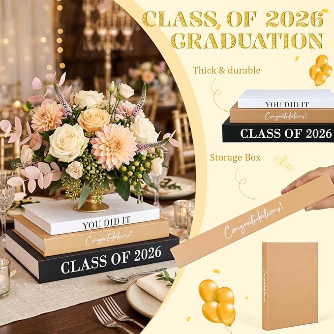 Threehoney 3 Pcs Graduation Table Centerpieces Class of 2026, Graduation Book Centerpiece Congratulate Grad Decoration Decorative Book Storage Box Table Home Party Decor(Black, White, and Yellow)