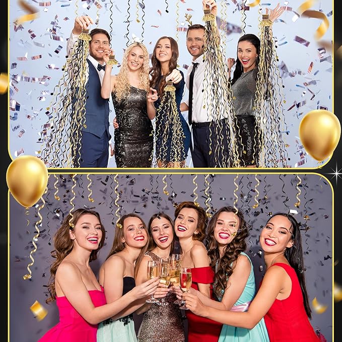 WinnerWhy 100 Pack No Mess Streamers, Gold Hand Throw Confetti Streamers, No Mess Confetti Poppers Paper Crackers Black for Celebration Graduation Birthday Wedding Party Favors