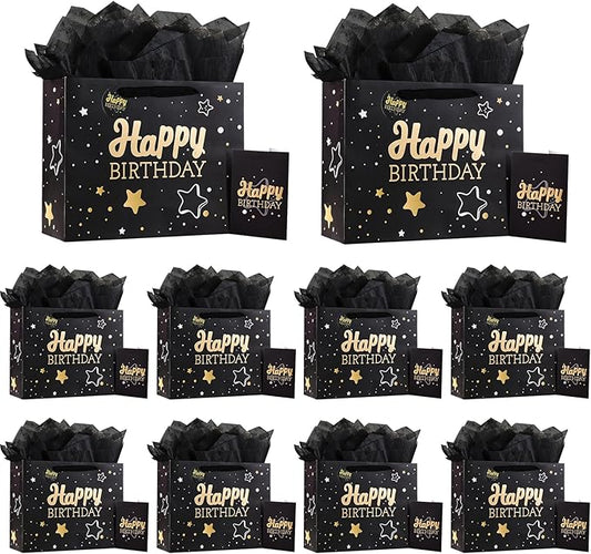 13" Black Happy Birthday Gift Bag with Tissue Paper and Greeting Card for Party,Happy Birthday Gift Bag for Men Women,Gift Bags Medium size(10 PCS Black Hot Stamping)