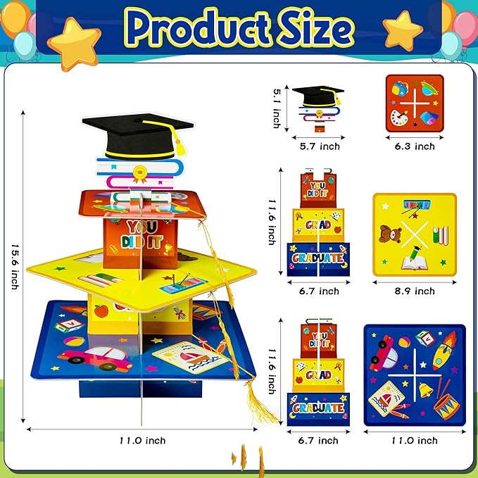 Haooryx Kindergarten Graduation Cupcake Stand - 3-Tier Preschool Graduation Cupcake Tower Decorations Cardboard Round Candy Dount Dessert Holder for Kindergarten Graduation Party Table Decor Supplies