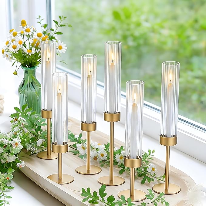 Glass Hurricane Candle Holders Set of 6,Brass Candlestick Holders,Taper Candlestick Holders,Elegant Dining Table Centerpiece for Wedding, Christmas & Home Decor-Ribbed