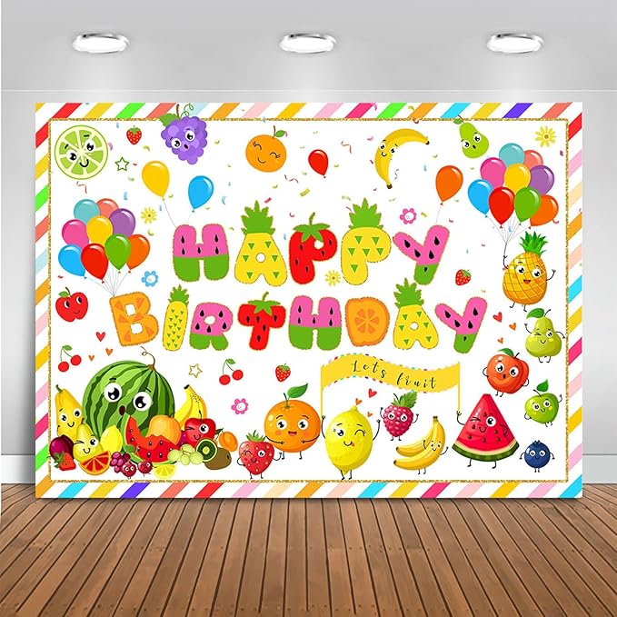 Mocsicka Fruit Birthday Backdrop Summer Fruit Themed Happy Birthday Party Decorations for Kids Watermelon Avocado Pineapple Cake Table Banner Photography Background (Colorful, 10x8ft(120"x96"))