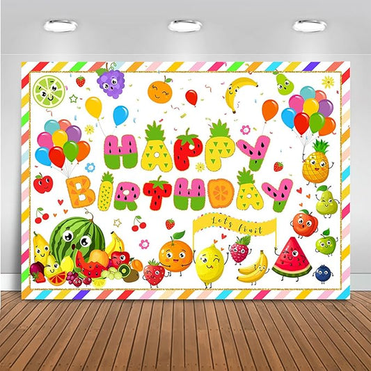 Mocsicka Fruit Birthday Backdrop Summer Fruit Themed Happy Birthday Party Decorations for Kids Watermelon Avocado Pineapple Cake Table Banner Photography Background (Colorful, 10x7ft(120"x82"))