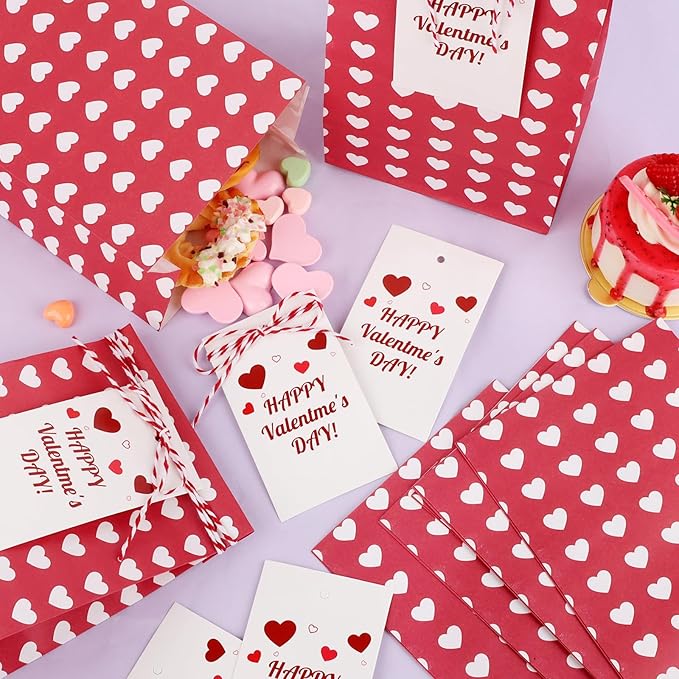 Fowecelt 24Pcs Valentines Day Gift Bags for Kids Red Party Favors Bags Goodie Snack Candy Paper Treat Bag with Cards for Valentines Party Favors Student Sclool Classroom Parties Decoration
