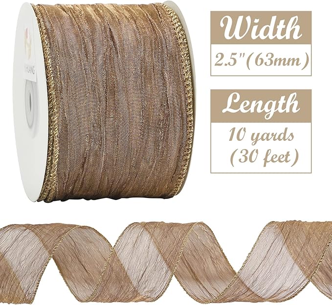 HUIHUANG Copper Brown Wired Ribbon 2-1/2" Shiny Crinkle Wire Edged Metallic Ribbon for Wedding Holiday Wreaths Craft Basket Bows Making Home Decor Gift Wrapping Christmas Tree Top Bows -10 Yards
