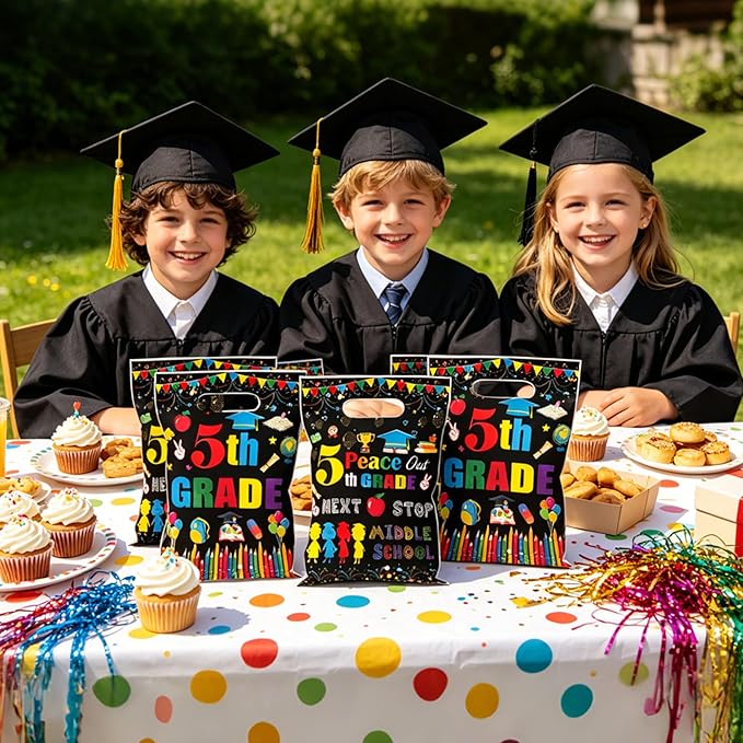 MOIZYNG 50Pcs 5th Grade Graduation Gift Bags with Handles, Peace Out 5th Grade Next Stop Middle School Plastic Snack Treat Goodie Bags for Fifth Grade Graduation Party Favors Supplies