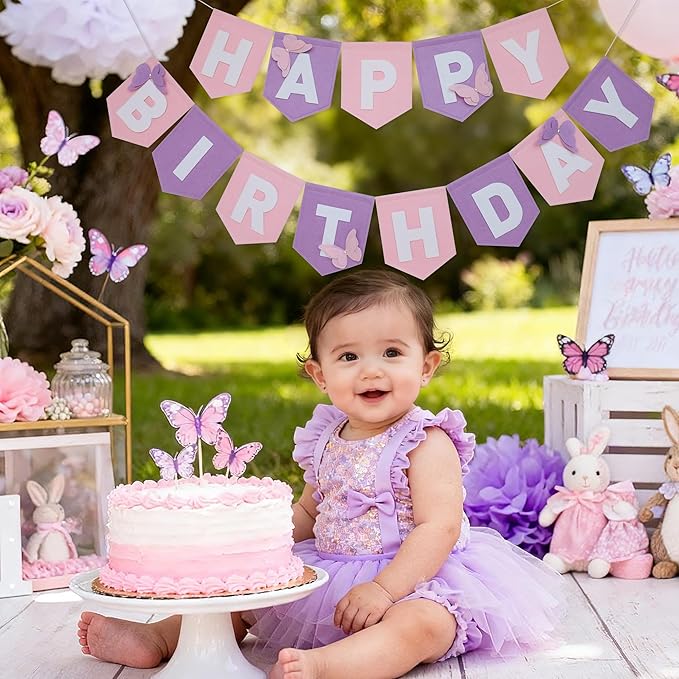 Felt Purple Pink Happy Birthday Banner Birthday Decorations for Women Girls Boys Men Pets Handmade Party Backdrop