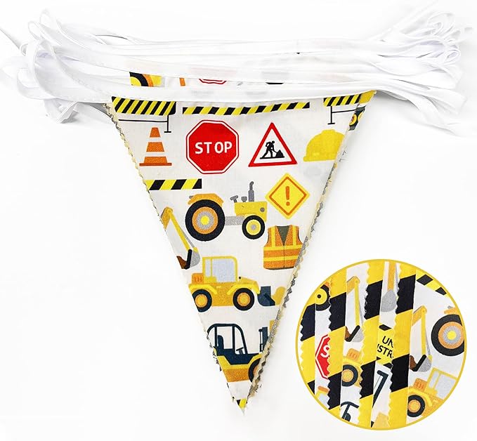 32Ft Construction Party Decorations Yellow Black Construction Themed Fabric Banner Triangle Pennant Flag Garland Streamers for Kids Dump Truck Birthday Excavator Tractor Baby Shower Decor Supplies