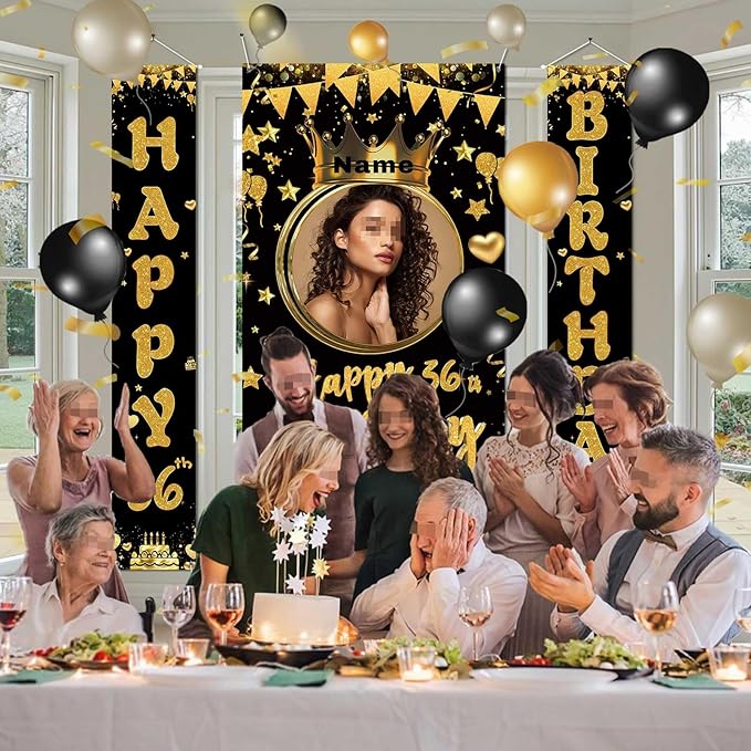 Custom Photo Birthday Banner Set Personalized Name Door Banners Fabric Backdrop Birthday Decorations Party Supplies Background for Indoor Outdoor Front Door Sign(Black and Gold)