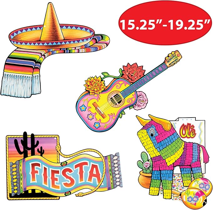 Beistle Fiesta Cutouts, 4-Count Double-Sided Mexican Party Decorations Featuring Sombrero, Piñata, Guitar & Fiesta Sign – Cinco de Mayo or Themed Events, 15.25"–19.25"