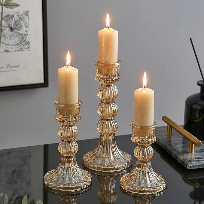 Amber Crystal Glass Candlestick Holders Set of 3, Vintage Taper Candle Holders for Table Centerpieces Decor, Valentine‘s Day, Wedding, Anniversary, Thanksgiving, Christmas Home Decor