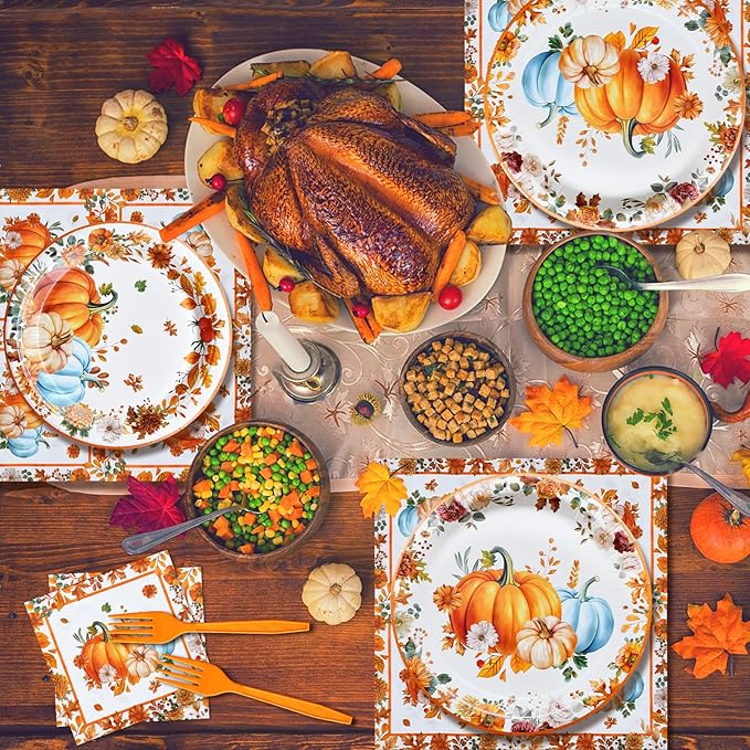 96 Pieces Thanksgiving Pumpkin Tableware Set ??Rustic Sunflower and Pumpkin Disposable Plates, Napkins, and Forks for Fall Dinners, Friendsgiving, Harvest Parties ??Serves 24 Guests