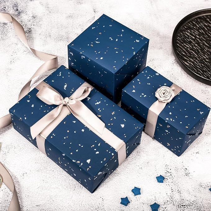 MAYPLUSS Navy Blue Wrapping Paper Roll - 17Inch x 16.5Feet - Masculine Black Gold Shiny Flakes on Matte Dark Navy Blue Heavy Gift Wrap Paper w/Silky Touch for Father's Day, Birthday, Holiday, Christmas