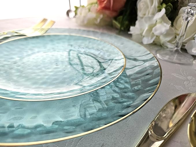 " OCCASIONS " 100 Plates Pack (50 Guests) Wedding Party Disposable Plastic Plate Set -50 x 10'' Dinner + 50 x 7'' Salad/dessert plates (Coastal Clear Blue & Gold)