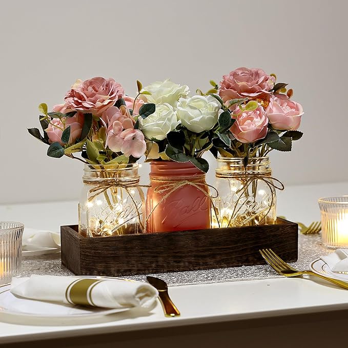 Mason Jar Centerpiece Table Decor for Dining Room Farmhouse Coffee Table Decor with Wood Tray Fairy Lights Fake Flowers for Valentine's Day Kitchen Living Dining Room - Pink White