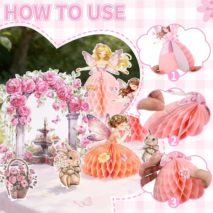 SUNBEAUTY Fairy Birthday Party Decorations Fairy First Centerpieces for Tables 3D Fairies Honeycomb Centerpieces with Rabbits Enchanted Party Table Topper for Spring Garden Woodland Forest Birthday