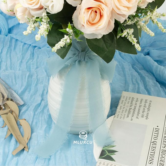 Haze Blue Chiffon Ribbon - 1 Inch x 21 Yards, Handmade Fringe, Silk, Boho Frayed, Gift Wrapping, Wedding Invitation, Bridal Flower Bouquets