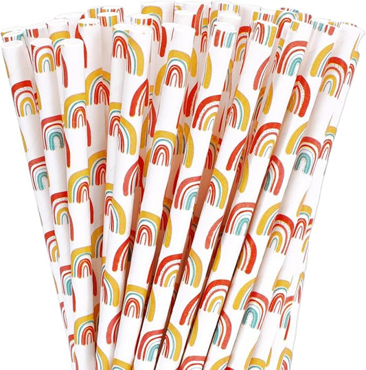 Whaline 200Pcs Boho Straws Rainbow Paper Straws Colorful Rainbow Drinking Straw Retro Groovy Disposable Straw for Birthday Party Supplies Beverages Cocktail Decorations