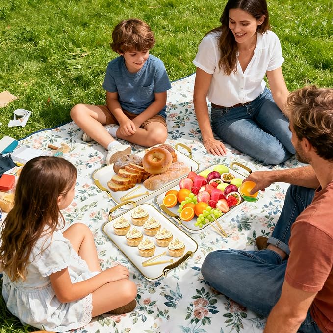 3 Pcs Serving Tray with Handles, Stackable Serving Platters with 3 Sugar Cube Tongs, 16.5/14.9/13.2 Inch Rectangle Food Trays, White Party Platters for Dinner, Cookie, Cake, Cheese and Fruit
