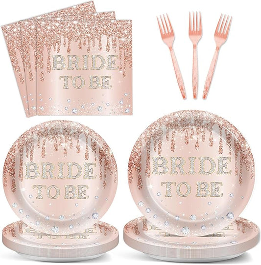 96Pcs Bridal Shower Party Decorations Rose Gold Themed Tableware Bride to Be Paper Plates Napkins Pink Bride to Be Dinnerware Party Supplies for Bachelorette Bridal Wedding Engagement Serves 24 Guests