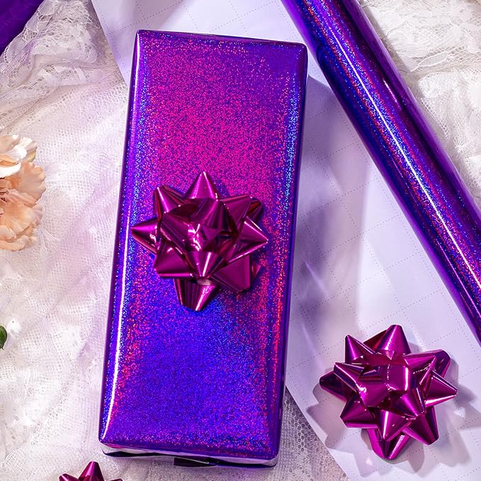 Burymento Purple Wrapping Paper Roll, Metallic Holographic Point Gift Wrap for Birthday, Valentines, Mothers day, Graduation, Wedding, Fathers day, Baby Shower, Christmas (17 IN x 32.8 FT)