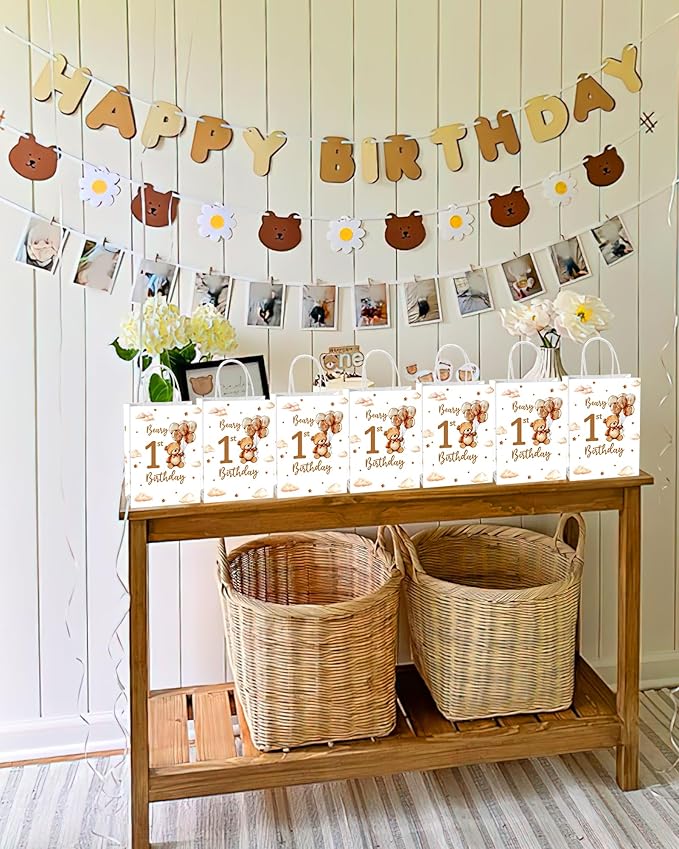 Roselush 16 Pcs Beary 1st Birthday Goodie Bag,Teddy Bear 1st Birthday Gift Snacks Treat Candy Party Favors Bags for Kids First Bday Party Decorations Supplies