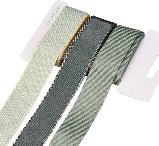 BEEFLYING 3 Styles 9 Yard Olive Green Wire Edged Ribbons Wrapping Decoration 25~28mm×2.7m Twill Ribbons for Wedding Party Decoration Hair Bows Flower Designs Sewing and Craft