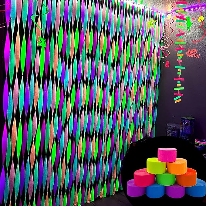 888 Feet Neon Glow Streamer Decorations - UV Reactive Fluorescent Neon Paper Streamers for Glow in The Dark Parties