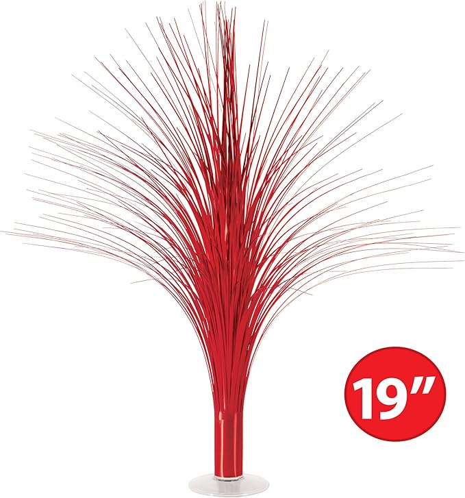 Beistle Red Metallic Spray Centerpieces – 3-Pack Tinsel Burst Table Decorations with Clear Base for Valentine's Day, Graduations, Birthdays, Christmas Holiday and Patriotic Celebrations, 19"