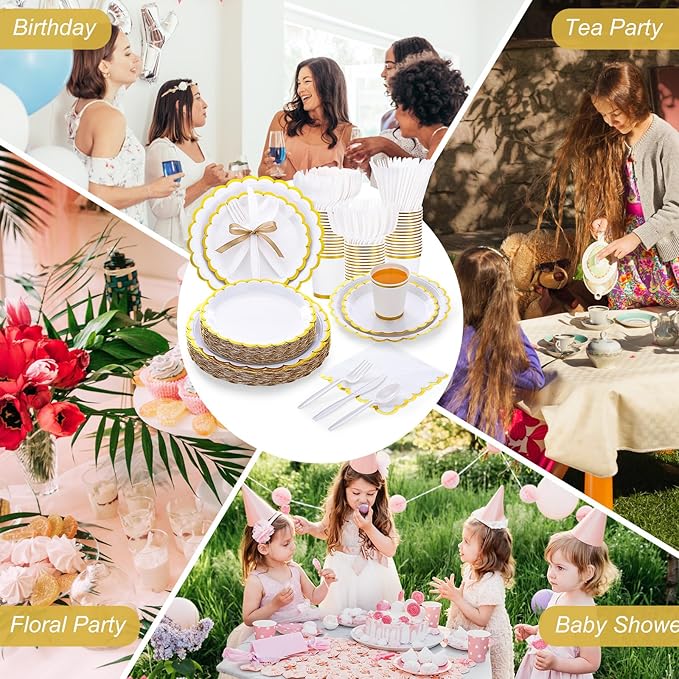 Ziliny 350 Pcs White Plates and Napkins Party Supplies for 50 Guests Wedding Disposable Tableware Include Scalloped Plates Paper Napkin Cup Spoon Fork Knife for Wedding, Birthday