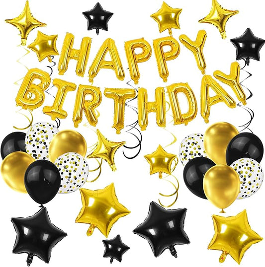 56 PCS Happy Birthday Balloons Happy Birthday Banner Gold and Black Balloons for Boys Men Girls Women 16th 18th 20th 21st 25th 30th 40th 50th 60th Birthday Party Decorations