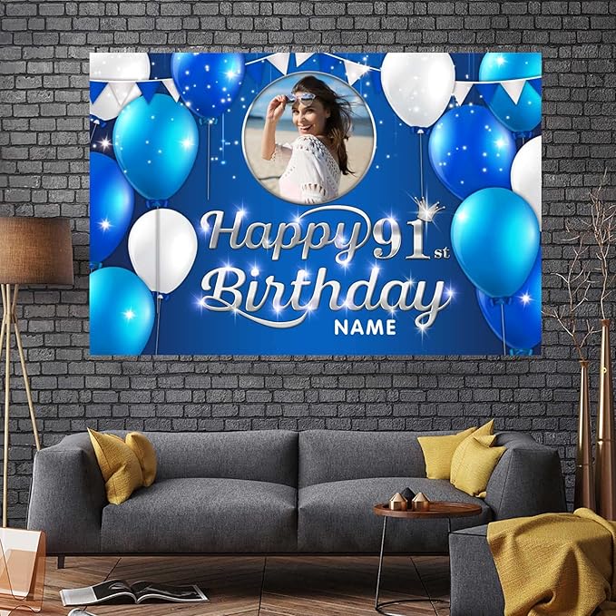 Custom Happy 91st Birthday Decoration Banner - Personalized Navy Blue Birthday Party Banner in Large Sizes-Custom Photos and Names