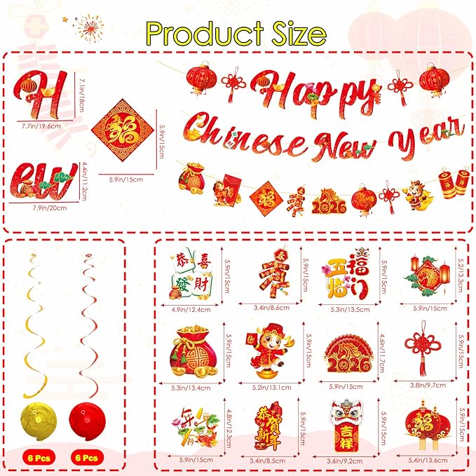81 Pcs Chinese New Year Red Envelopes Set, Horse-Year Hong Bao Red Packets Party Banners Swirls Selfie Photo Booth Props for Festival Gifts, Chinese Decors Party Favors for Bithday Home Office