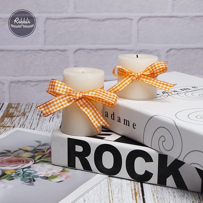 Ribbli Orange and White Gingham Ribbon,100% Polyester Woven Edge,3/8 Inch x 10 Yard,Plaid Ribbon Use for Gift Wrapping,Party Decoration