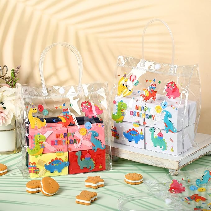 Supervitae 36 Pcs Dinosaur Clear Favor Bags with Handle Reusable Plastic PVC Gift Bag Animal Goodies Treats Wrap Totes for Birthday Party Supplies, 8 x 8 x 3.15 Inch